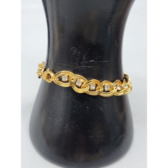 10kgp Diamante Accented Oval Link Bracelet Yellow Gold Plate Rhinestones SZ 6.5 - Picture 3 of 8